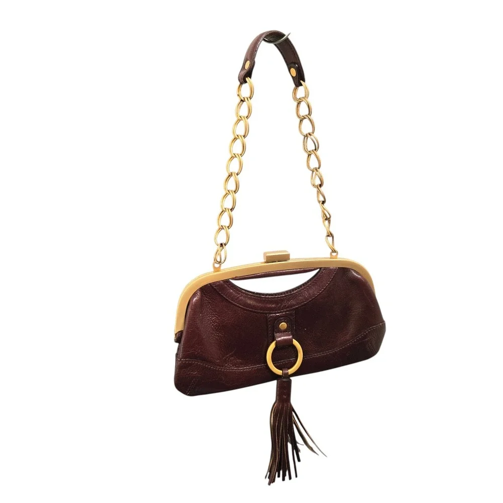 Latico Frame Bag Small Burgundy Leather Tassel Gold Chain Shoulder Bag Kiss lock